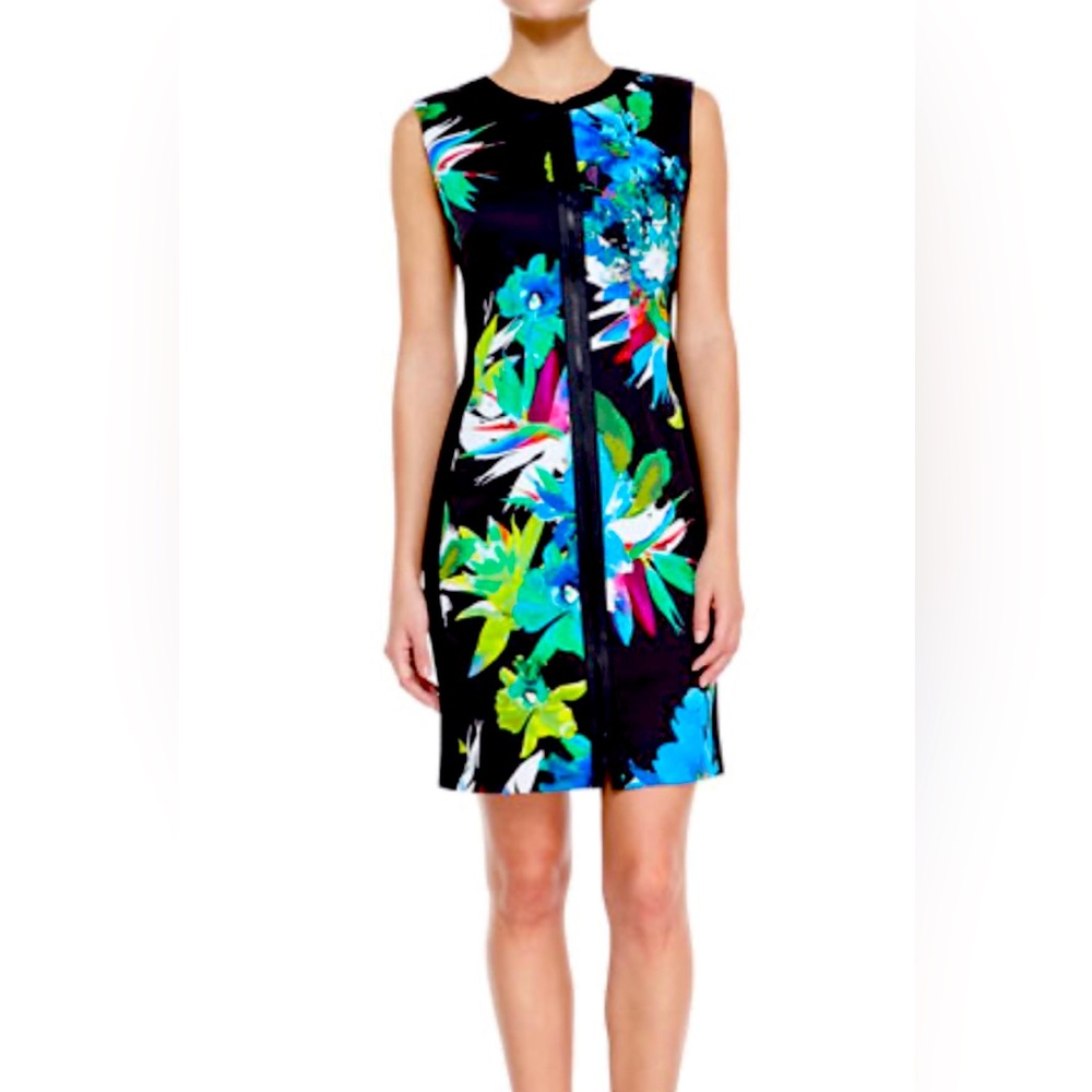 Elie Tahari printed floral dress with solid side panels, zip front, size 12.